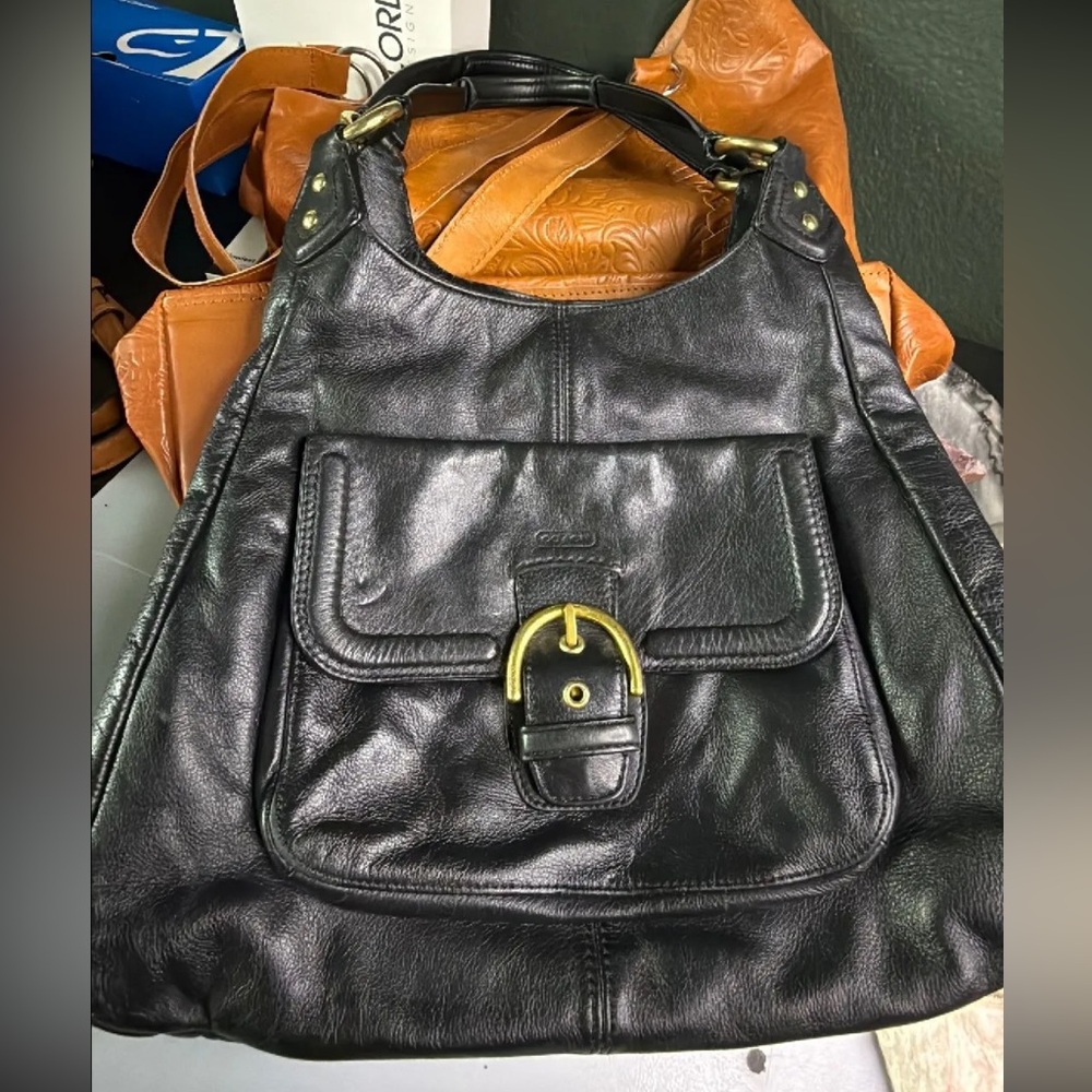 Coach Campbell Hobo Shoulder Bag with Gold Buckle Black Leather